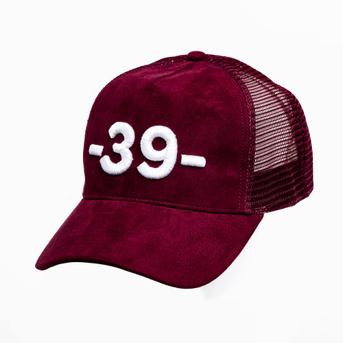-39- suede Snapback/Trucker cap donkerrood